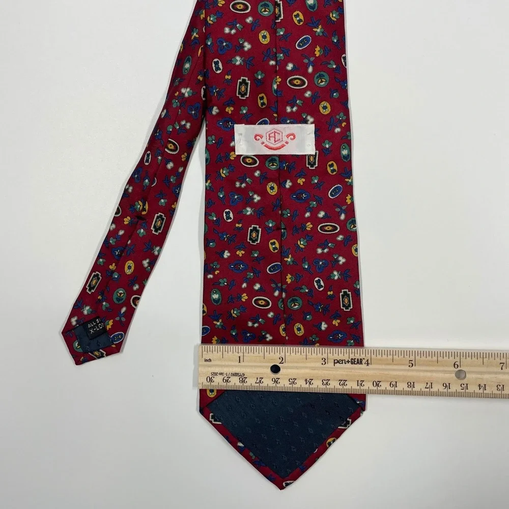 F.C. Red Geometric Floral Medallion Silk Tie Mens X-Long